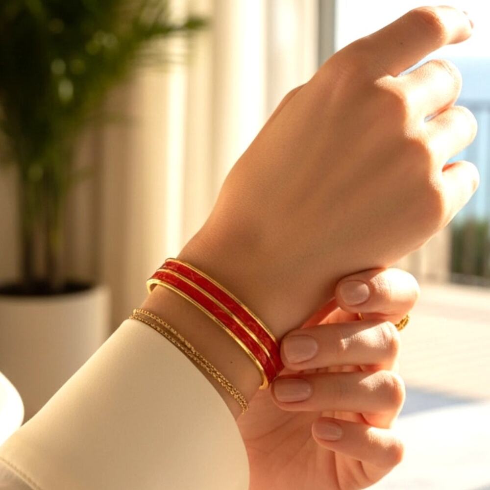 Vintage Italian Genuine Reptile Red Enamel Bangle Bracelet